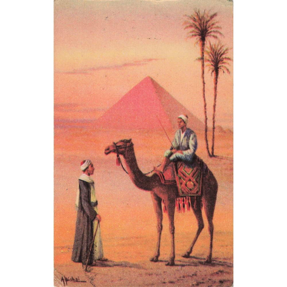 Giza Egypt Great Pyramid Camel Rider Sons of Desert A Bishai Signed Vtg Postcard - Picture 1 of 2